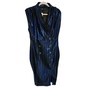 NWT Soncy‎ Black Blue Metallic Stripe Sleeveless Dress Double Breaste Size 10